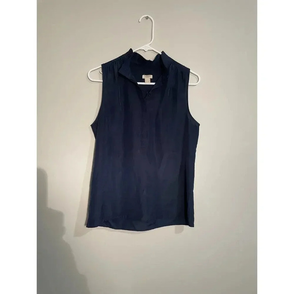 J. Crew Factory Navy Popover Sleeveless Blouse with Pleated Collar - Picture 1 of 9